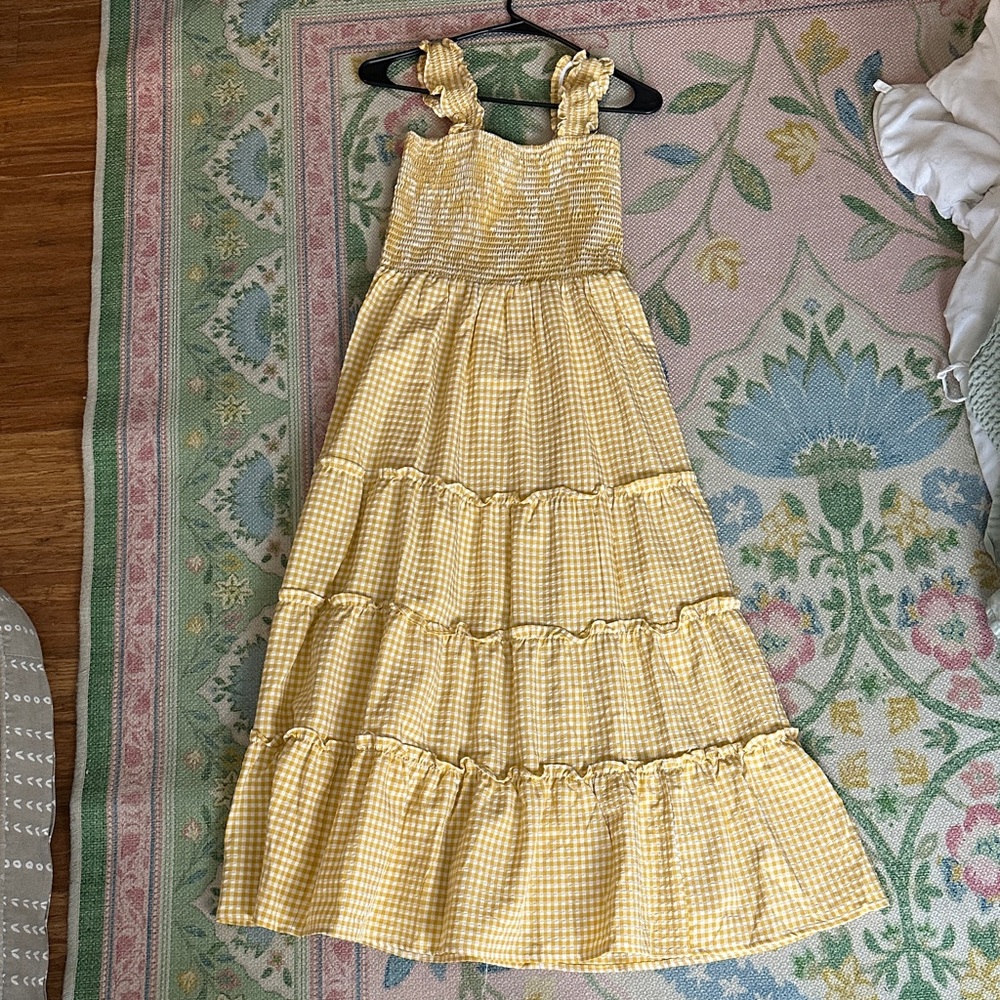 Yellow Gingham Tiered Smocked Maxi Dress bump friendly!